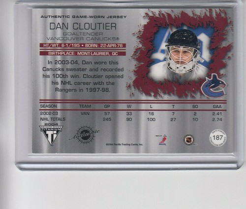 03/04 Pacific Private Stock Titanium Dan Cloutier GUJ Ltd #/875 cd #187 - Picture 2 of 2