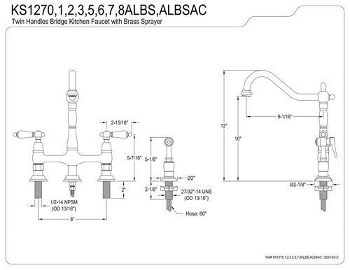 Kingston Brass KS1271ALBS Heritage Bridge Kitchen Faucet, 8-9/16", Polished - Picture 3 of 3