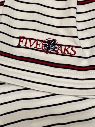 Footjoy FJ Striped Golf Shirt Polo Red White Dark Blue Mens Large Five Oaks Logo - Picture 3 of 6