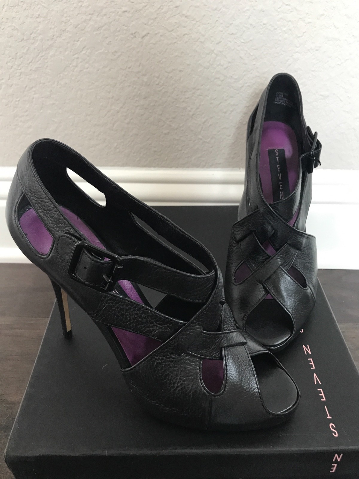 Steven by Steve Madden Sz 6.5 Peep Toe Demetra Booties Black Leather Heels Steven by Steve Madden Sz 6.5 Peep Toe Demetra Booties Black Leather Heels