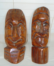 PAIR OF WOOD TIKI TRIBAL FACE MASK HAND CARVED FOLK ART WALL DECOR 12