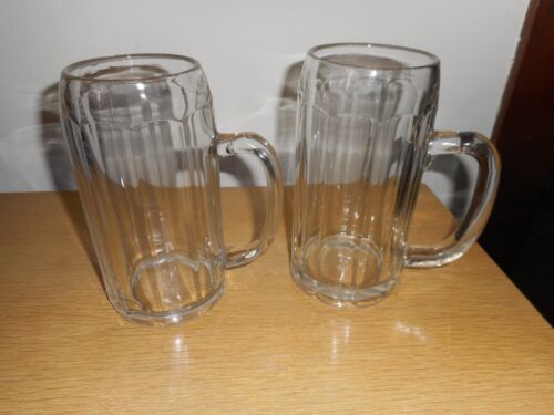 Set of 2 Heavy Ribbed Clear Glass 32oz/ 1 Liter /8” Tall Beer Mugs - Picture 2 of 7