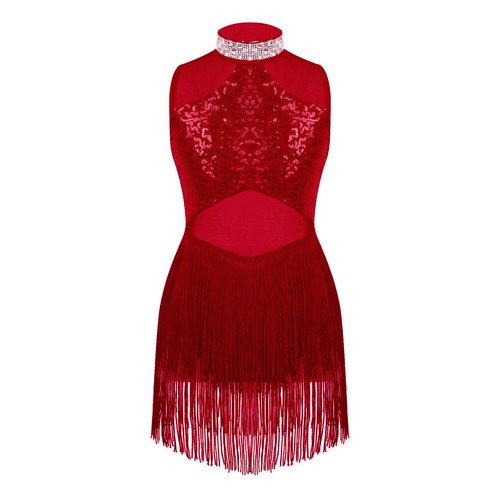 Mädchen glänzend Pailletten Turnanzug ärmellos Quaste Saum Latein Tanz Kleid Tanzkleidung - Bild 37 von 97