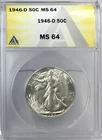 1946-D 50C Walking Liberty Half Dollar ANACS MS64 #