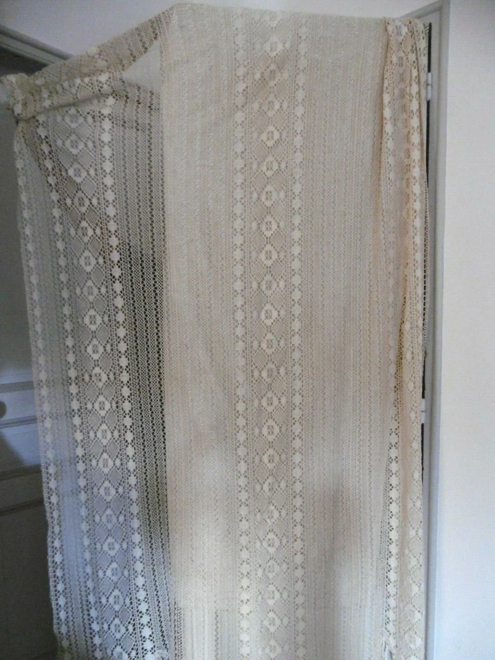 RIDEAU ANCIEN CROCHET COTON Panneau 1,60 m x 2,16 m + franges Vintage  - Photo 2/4