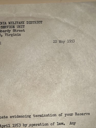 US Army Original Honorable Discharge WWII Korea 1953 w/ Letter First Lieutenant - Picture 8 of 9