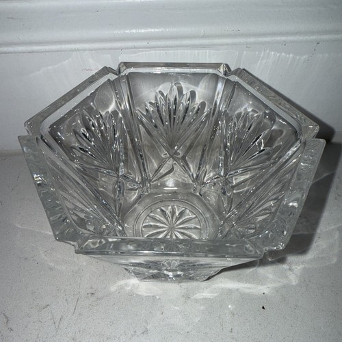 Vintage Gorham Crystal Hexagonal Paneled Bowl Criss Cross Cut Bottom Starburst - Picture 3 of 4