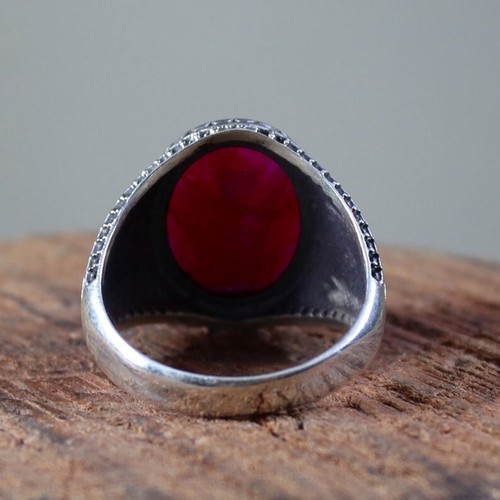 Solid 925 Sterling Silver Natural Ruby Corundum Gemstone Signet Men's Gift Ring - Picture 8 of 11