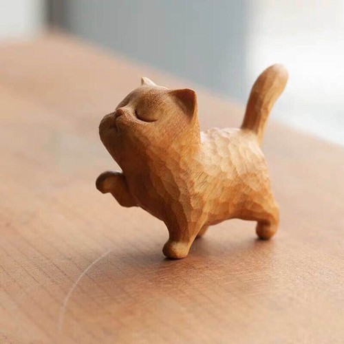 2pcs Cat Statues Home Decor Wooden Sculpture Hand Carved Craft Cute Cat Statue - Picture 2 of 6