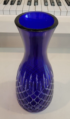 BOHEMIAN CZECH COBALT BLUE CUT TO CLEAR CARAFE 11 INCHES HOLDS 3 PINTS - Picture 3 of 8