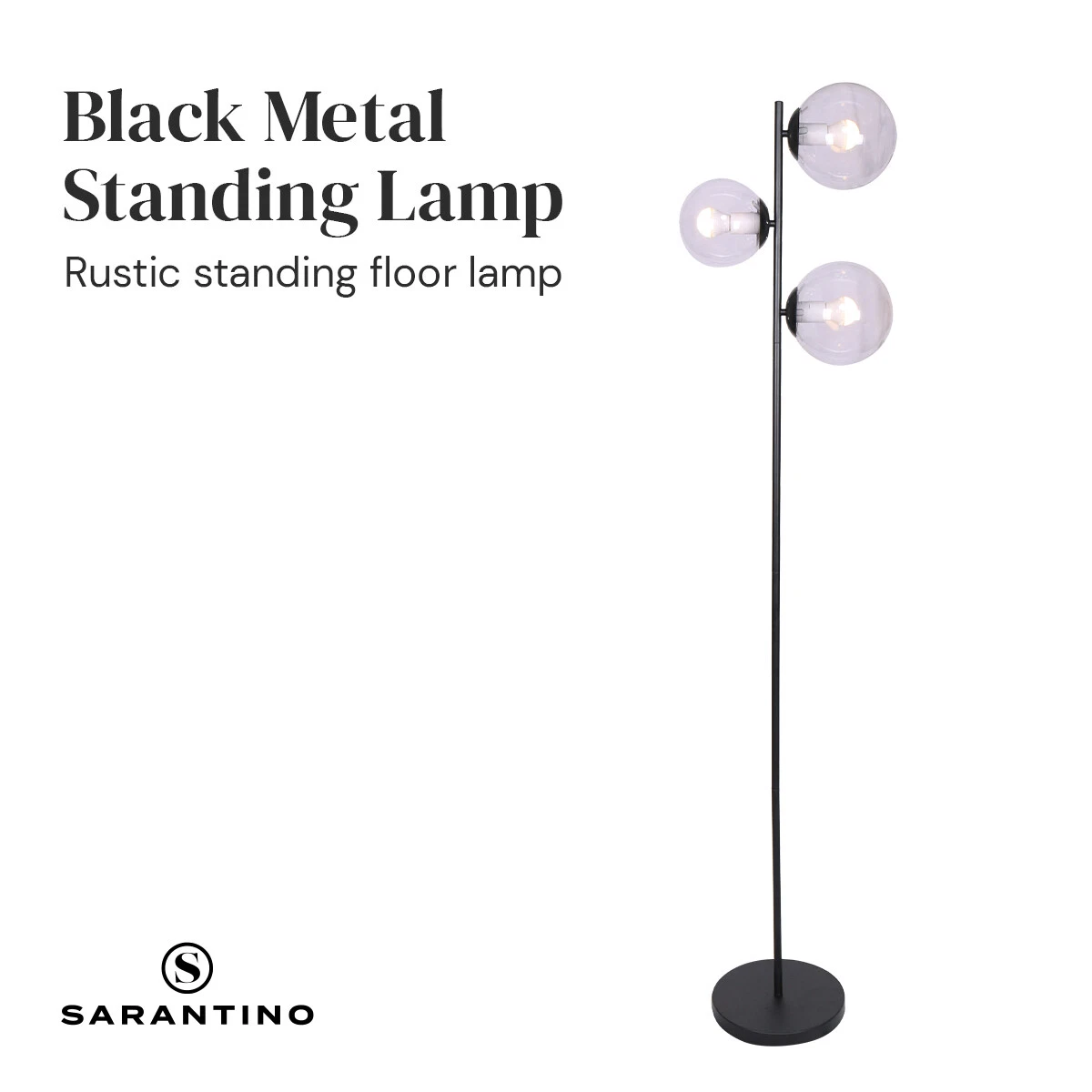 Sarantino 3 Light Black Metal Floor Lamp Glass Standing Bed Sofa
