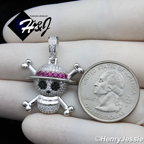 925 STERLING SILVER ICY BLING CZ 3D SKULL HEAD WITH STRAW HAT PENDANT*SP527 - Picture 3 of 4