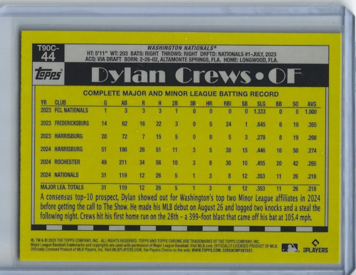 2025 Topps Series 1 - 1990 Topps Chrome Mojo Refractor #T90C-44 Dylan Crews (RC) - Picture 2 of 2