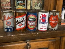 LOT OF 5 FLAT TOP BEER CANS -PABST, GOEBEL, EASTSIDE, OLD GERMN OLD HEIDEL BRAU