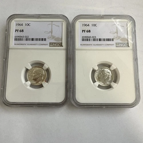 1964 Lot Of (2) NGC PF68 90% Silver Proof Roosevelt Dimes 10c White Label