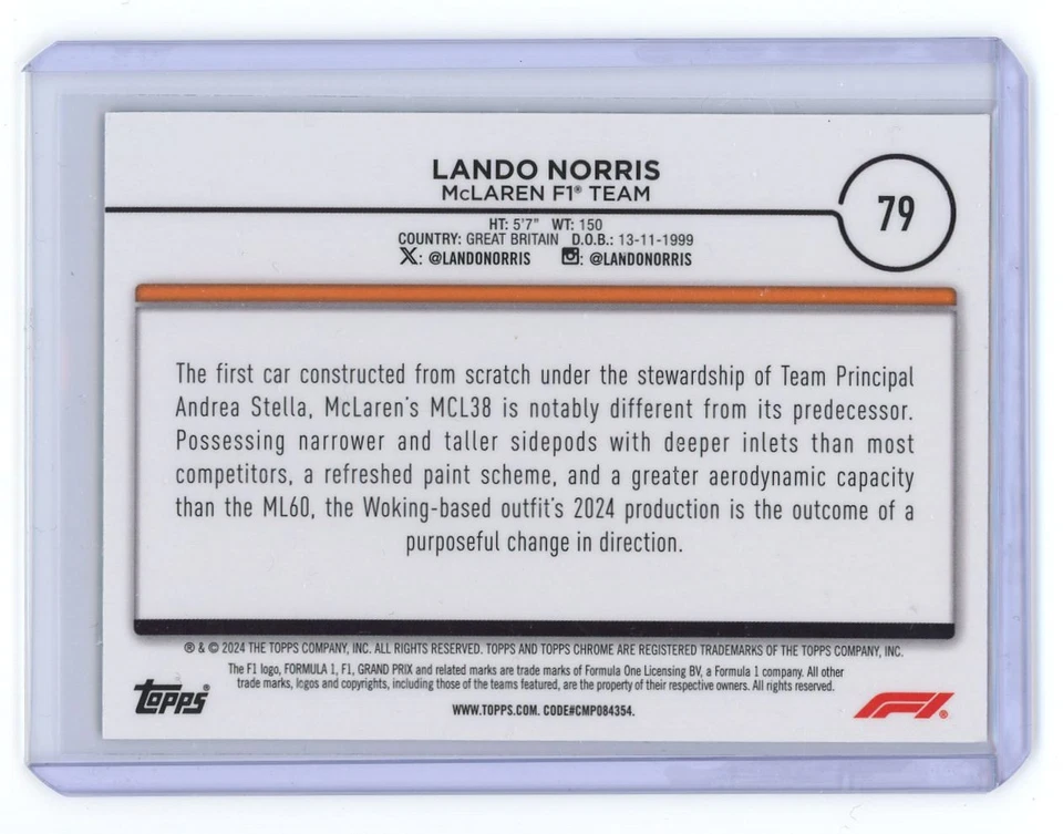 2024 Topps Chrome Formula 1 Lando Norris McLaren F1 #79 - Image 2 of 2