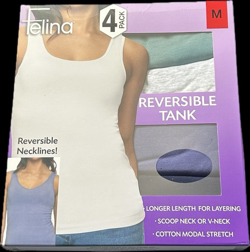 Felina Women’s Reversible Tank Top Sleeveless Shirt 4-Pack Size M, Scoop/V-Neck.