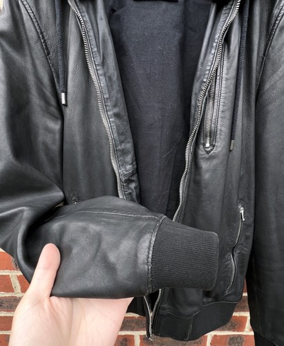 All Saints Mens ABBOT Leather Bomber Jacket SMALL Black AllSaints Hood Biker - Picture 8 of 14
