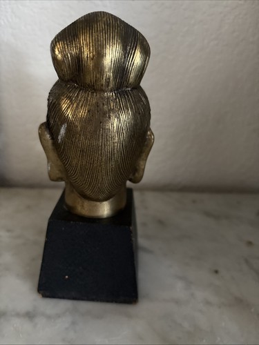 Vintage Buddha Messing Kopf Skulptur Zen Spirituelles Dekor Schutz mit Holzsockel - Bild 3 von 7