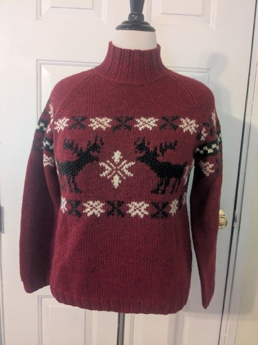 Vintage L.L. Bean Classic Nordic Wool Sweater Mock Neck reindeer Ladies Med EXC - 第 2/6 張圖片