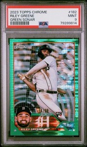 2023 Topps Chrome Riley Greene Green Sonar RC #182 /99 Detroit Tigers PSA MINT 9