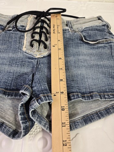 Jeans argento denim bicolore jeans corto cravatta davanti donna taglia 28 Y2K - Foto 11 di 16