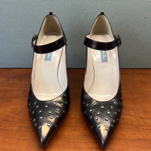 JSP by Sarah Jessica Parker Ankle Strap Heels 38.5 Patent Leather Bronze Studded - Picture 3 of 13