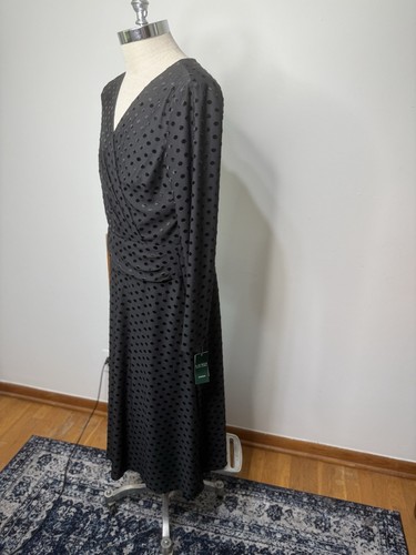 Ralph Lauren Black Polka Dot Dress Size 14 Ruched Side Sheer Midi NEW V Neck - Picture 6 of 14