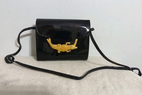 Vintage Umhängetasche Handtasche schwarz Lackleder gold Krokodilklemme