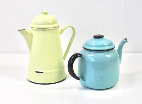 1960s Polish Enamel Coffee Pot and Teapot Pair Retro Kitchenalia TV Prop Rustic - Picture 15 of 18