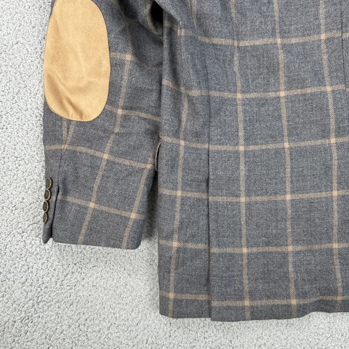 Tallia Wool Blazer Men 44R Grey Window Pane Plaid Elbow Pad Dual Vent Sport Coat - Picture 19 of 20