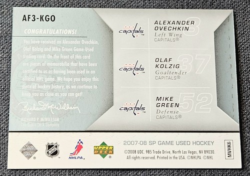 2007-08 SP Game Used /25 Fabric Triple Patch Alex Ovechkin Green Kolzig #AF3 - Bild 2 von 3