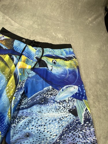 Guy Harvey By Aftco Board Shorts Mens 38 Blue Tuna Pattern Swimwear Lace-Up - Picture 5 of 8