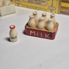 Vtg Dollhouse Miniature 7 Wooden White Milk Bottles And Wooden Crate