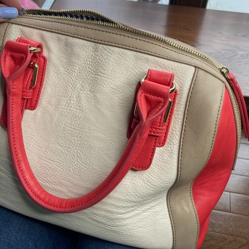 Charming Charlie Purse Vegan Leather Coral White Medium Satchel Tote Bag Gold - Picture 21 of 22