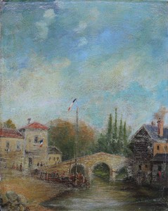 Antique-scene-popular-bridge-roman-monogram-and-date-1800-period-revolution