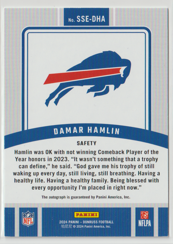 2024 Donruss Damar Hamlin Autograph Green 13/25 SSP Buffalo Bills Comeback POTY - Picture 2 of 2
