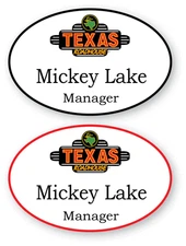 2 WHITE OVAL TEXAS ROAD HOUSE PERSONALIZED NAME BADGES SAFETY PIN BACK