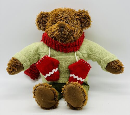 Hallmark Teddy Bear Plush Red Scarf and Mittens with Green Shirt Christmas