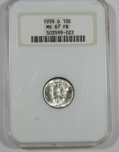 Moneda de diez centavos Mercury 1939-D NGC soporte antiguo "Fattie" como nueva 67 bandas completas plateadas 10c
