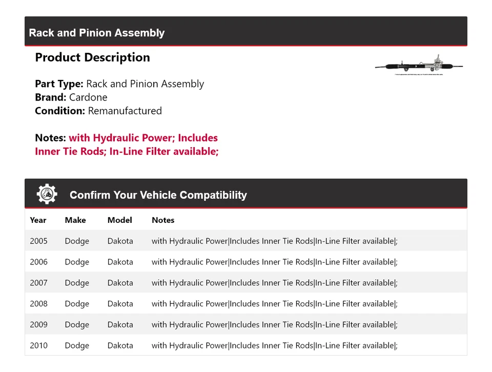 For 2005-2010 Dodge Dakota Rack and Pinion Assembly Cardone 2006 2007 2008 2009 - Image 2 of 4