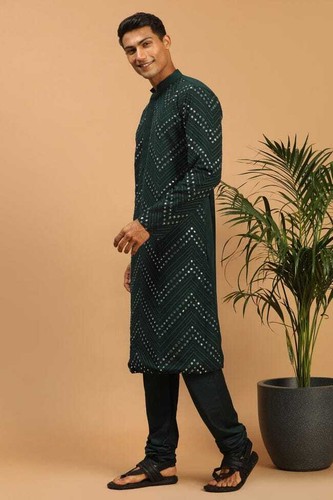 Green Embroidered KURTA ONLY, Indian Sequins Chikenkari Kurta For Men - Picture 5 of 6