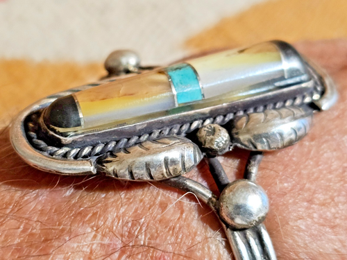 🔥COOLES OLD PAWN NAVAJO 50-60er TÜRKIS MULTI STEIN INLAY STERLING MANSCHETTENARMBAND - Bild 6 von 10
