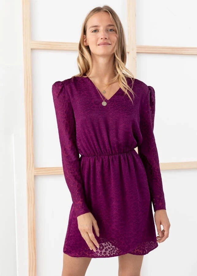 And Other Stories Gathered Waist Leopard Jacquard Mini Dress Vneck Burgundy  US 4 | eBay
