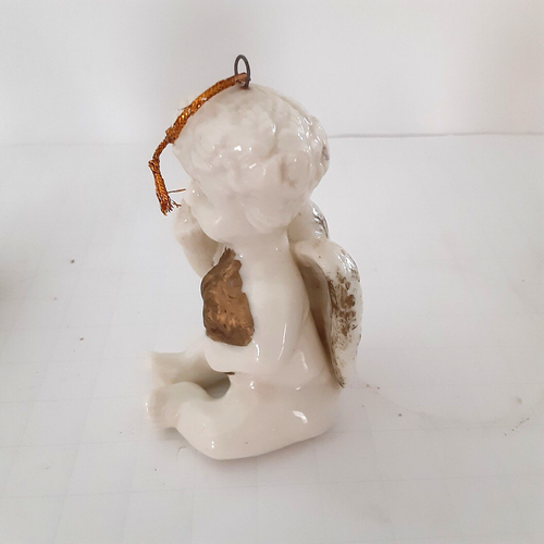 Angelo in ceramica vintage accenti cherubino addobbi albero di Natale bianco con oro - Foto 5 di 6