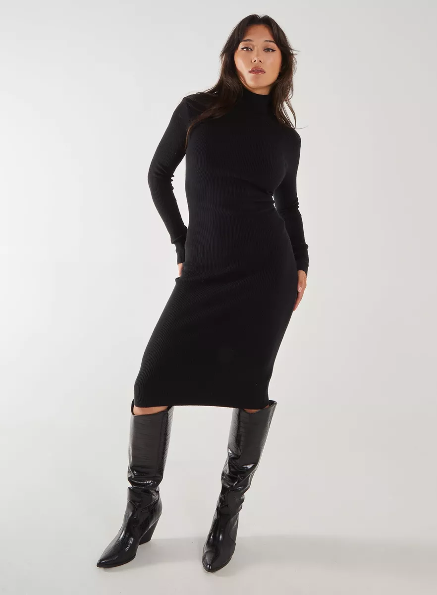 Basic black roll hotsell neck midi dress