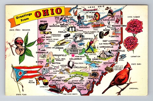 OH-Ohio, State Map General Greetings, Points of Interest, Vintage Postkarte