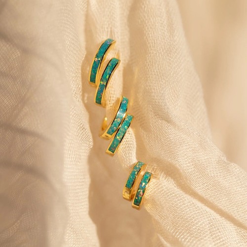 Dainty Fire Opal Inlay Huggie Hoops Earrings Gold Plated Minimalist Earrings - Picture 14 of 14