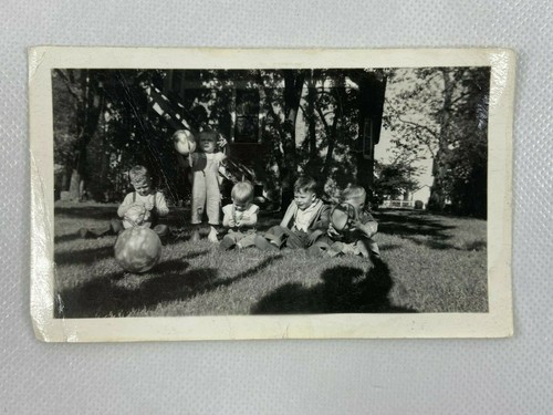 Five Boys Sitting In Grass With Ball Balloon B&W Photograph 2.75 x 4.5 - Picture 2 of 3