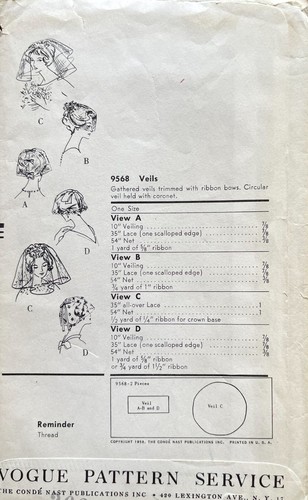 1950's VOGUE Veils Pattern 9568 One Size - 第 2/2 張圖片